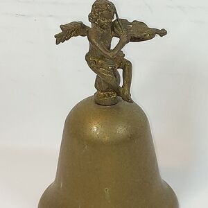Vintage Brass Bell Cherub/Angel Playing Violin 4" Tall